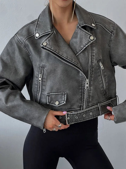 Women's Retro PU Leather Jacket Loose Fit Zipper Belt