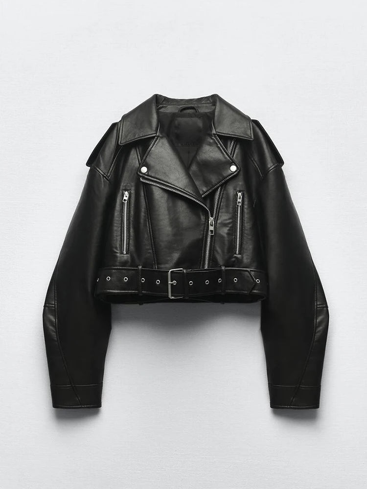 Women's Faux PU Leather Jacket Motorcycle Belt Zipper