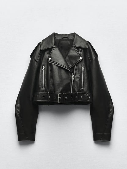 Women's Faux PU Leather Jacket Motorcycle Belt Zipper