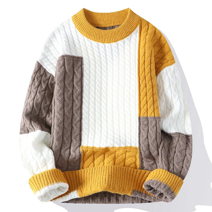 Men's Patchwork Sweater Loose Fit Knit Pullover Spring Winter