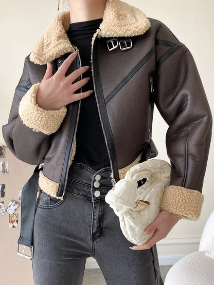 Women's Brown Faux Leather Coat Lamb Fur Retro Streetwear