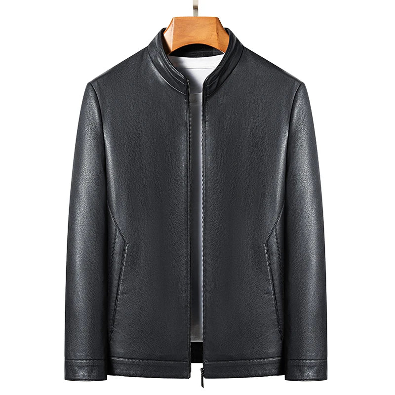 Men's Leather Polo Jacket Mock Neck Slim Fit Black Grey