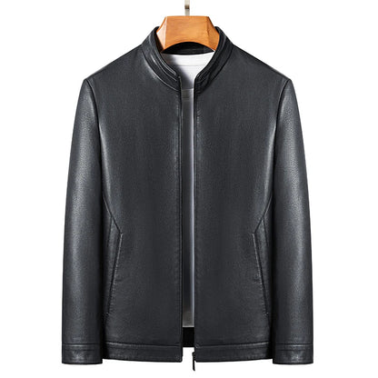 Men's Leather Polo Jacket Mock Neck Slim Fit Black Grey
