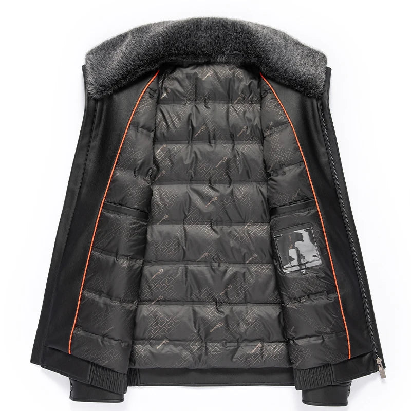 Men's Leather Winter Jacket Ferret Fur Collar Duck Down