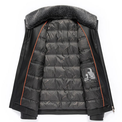 Men's Leather Winter Jacket Ferret Fur Collar Duck Down