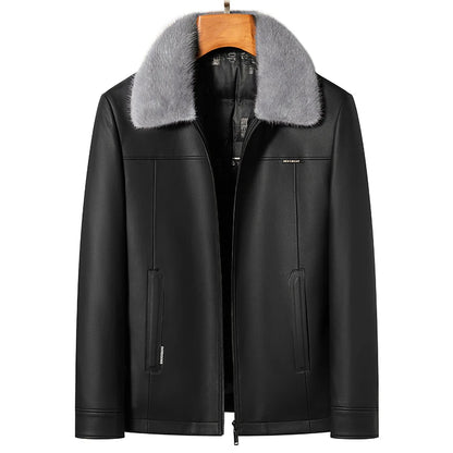 Men's Sheepskin Leather Jacket Removable Fur Collar Winter