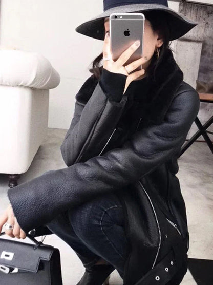 Women's Thick Faux Leather Fur Coat Spliced Aviator Winter