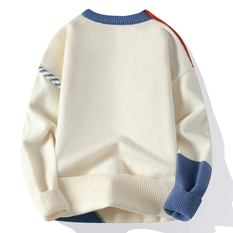 Men's Warm Knitted Sweater Patchwork O-Neck Pullover Winter