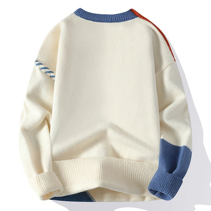 Men's Warm Knitted Sweater Patchwork O-Neck Pullover Winter