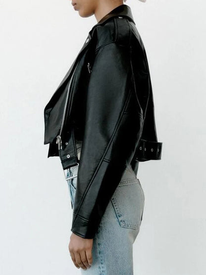 Women's Faux PU Leather Jacket Motorcycle Belt Zipper