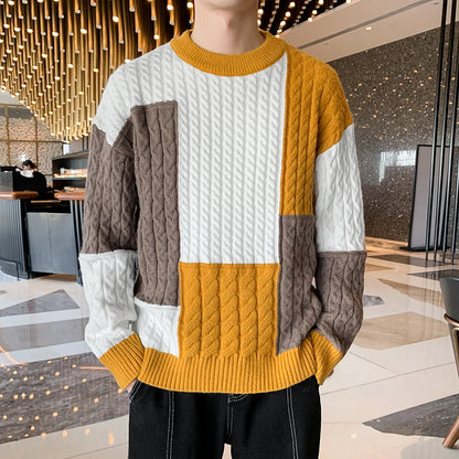 Men's Patchwork Sweater Loose Fit Knit Pullover Spring Winter