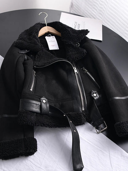 Women's Suede Lamb Jacket Thick Warm Motorcycle