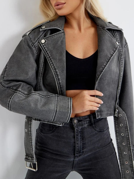 Women's Retro Faux Leather Jacket Loose Fit Zipper Belt