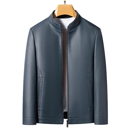 Men's Stand Collar Leather Jacket Natural Sheepskin Biker Style