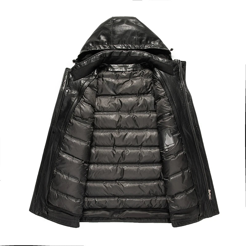 Men's Hooded Leather Down Jacket Detachable Duck Down Liner