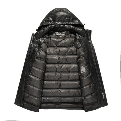 Men's Hooded Leather Down Jacket Detachable Duck Down Liner