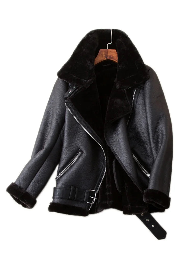Women's Faux Leather Fur Jacket Thick Aviator Winter