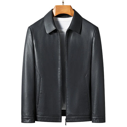 Men's Leather Polo Jacket Mock Neck Slim Fit Black Grey