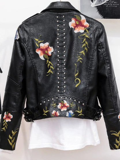 Women's Floral PU Leather Jacket Embroidery