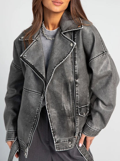 Women's Vintage Faux Leather Jacket Loose Fit Zipper Belt
