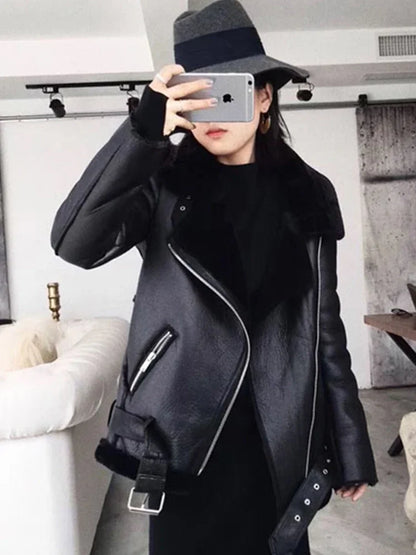 Women's Thick Faux Leather Fur Coat Spliced Aviator Winter