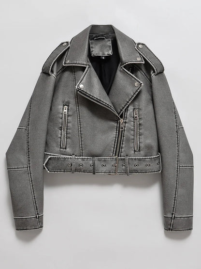Women's Faux Leather Jacket Vintage Loose Washed Streetwear