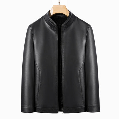 Men's Leather Polo Jacket Mock Neck Slim Fit Black Grey