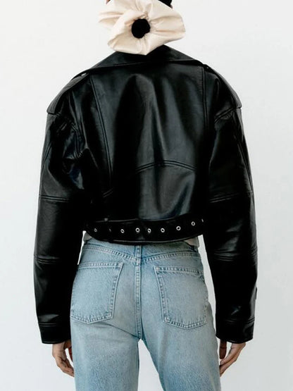 Women's Faux PU Leather Jacket Motorcycle Belt Zipper