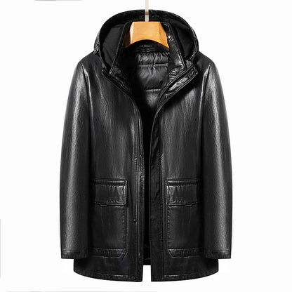 Men's Hooded Leather Down Jacket Detachable Duck Down Liner