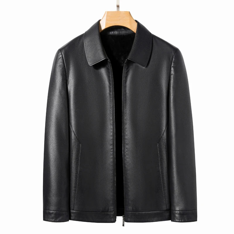 Men's Leather Polo Jacket Mock Neck Slim Fit Black Grey