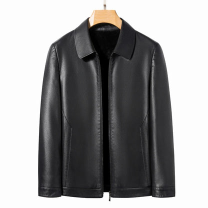 Men's Leather Polo Jacket Mock Neck Slim Fit Black Grey