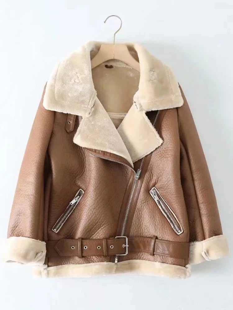 Women's Faux Leather Fur Jacket Thick Aviator Winter
