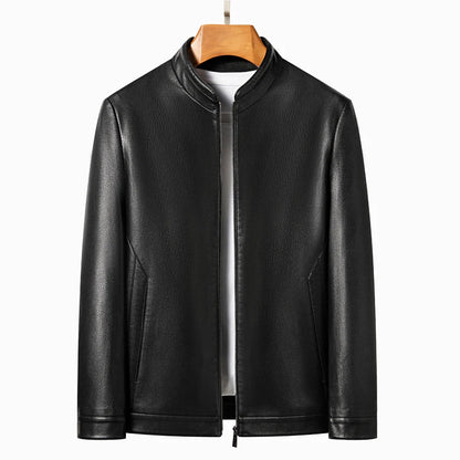 Men's Leather Polo Jacket Mock Neck Slim Fit Black Grey