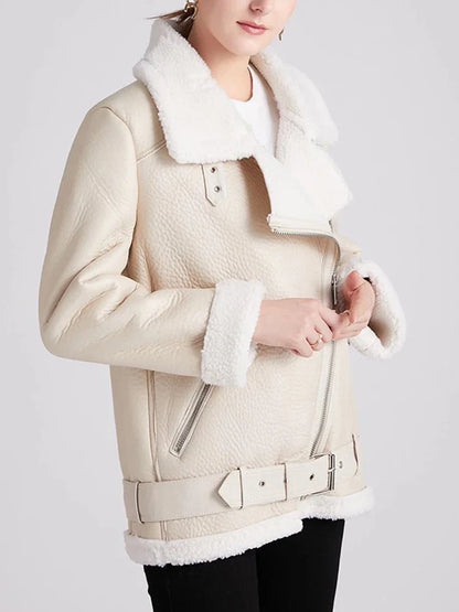 Women's Thick Faux Leather Fur Coat Spliced Aviator Winter