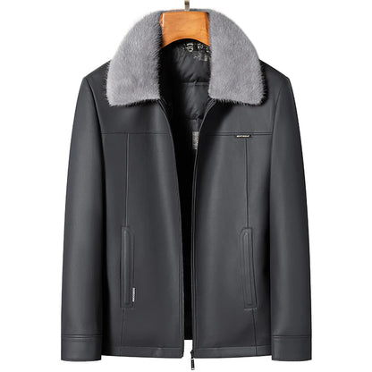 Men's Sheepskin Leather Jacket Removable Fur Collar Winter