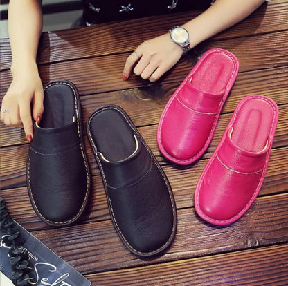 Men's Women's Leather Slippers Spring Autumn Indoor Brown