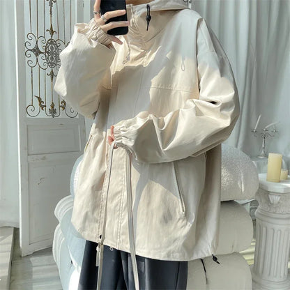 Men's Hooded Bomber Jacket Loose Fit Cargo Windbreaker Zipper