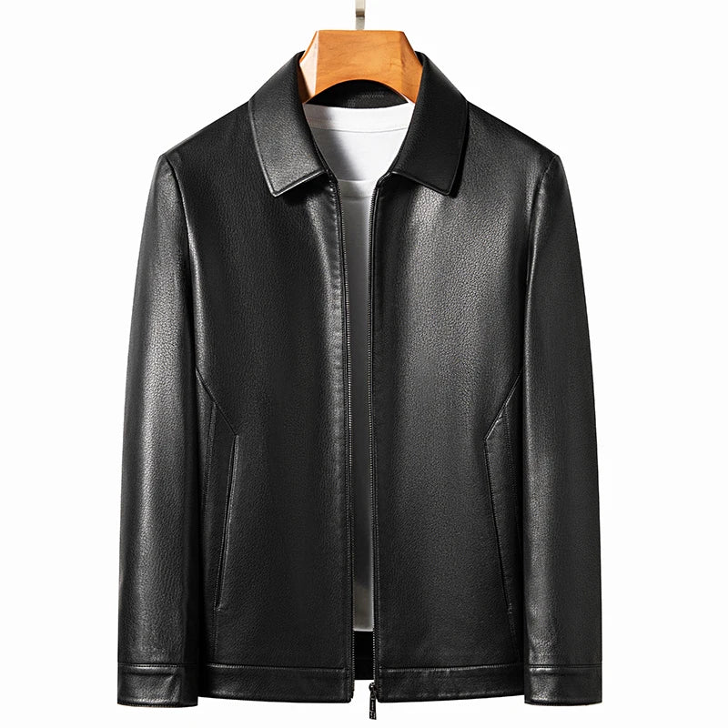 Men's Leather Polo Jacket Mock Neck Slim Fit Black Grey