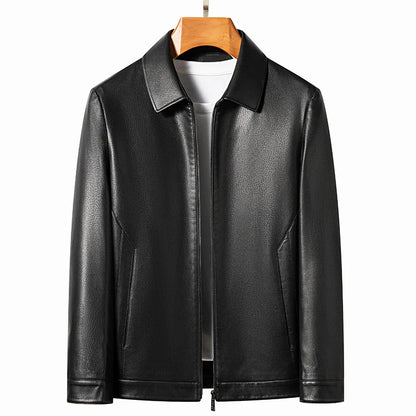 Men's Leather Polo Jacket Mock Neck Slim Fit Black Grey