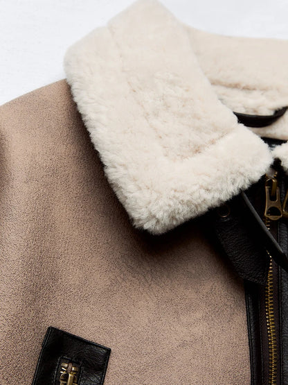 Women's Retro Faux Leather Jacket Spliced Fur Zipper Belt