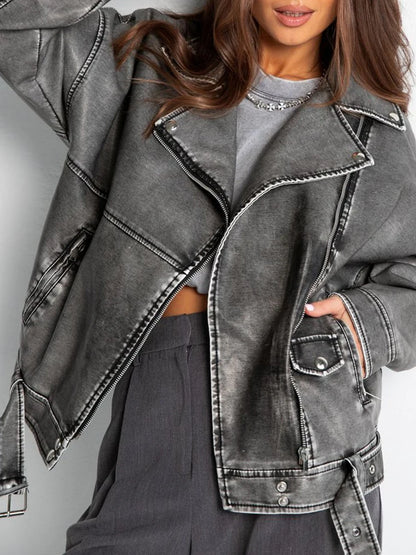 Women's Vintage Faux Leather Jacket Loose Fit Zipper Belt