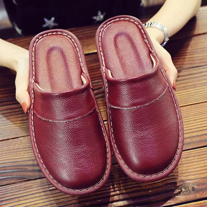 Men's Women's Leather Slippers Spring Autumn Indoor Brown