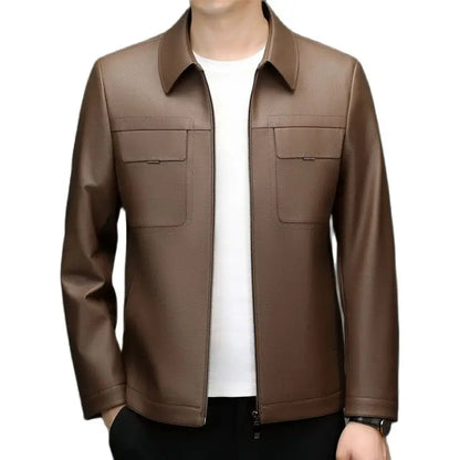 Men's Lapel Leather Jacket Natural Sheepskin Casual Business