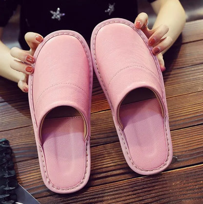 Men's Women's Leather Slippers Spring Autumn Indoor Brown