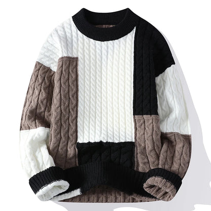 Men's Patchwork Sweater Loose Fit Knit Pullover Spring Winter