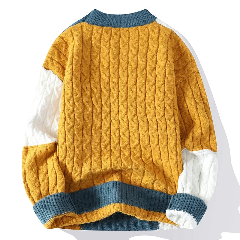 Men's Patchwork Sweater Loose Fit Knit Pullover Spring Winter