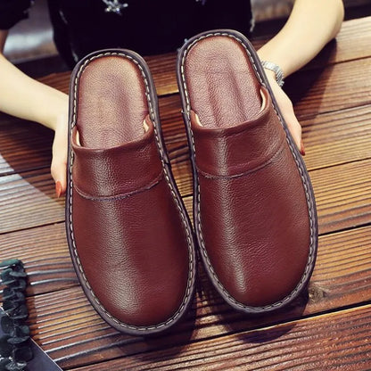 Men's Women's Leather Slippers Spring Autumn Indoor Brown