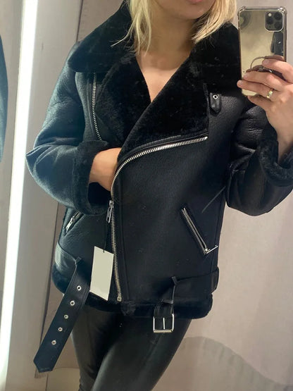 Women's Faux Leather Fur Jacket Thick Aviator Winter
