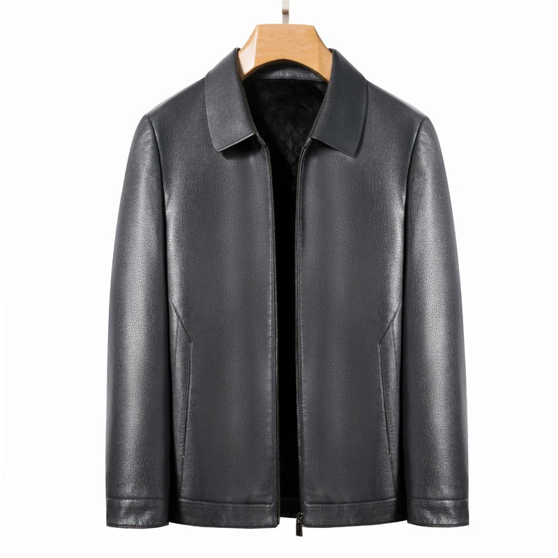 Men's Leather Polo Jacket Mock Neck Slim Fit Black Grey