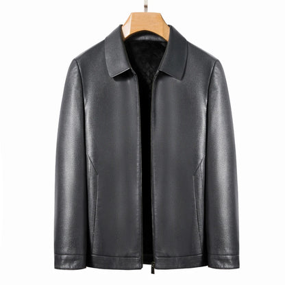 Men's Leather Polo Jacket Mock Neck Slim Fit Black Grey